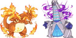 Rule 34 | bad id, bad pixiv id, charizard, claws, commentary request, creatures (company), dragon, duraludon, fire, flame-tipped tail, game freak, gen 1 pokemon, gen 8 pokemon, gigantamax, gigantamax charizard, gigantamax duraludon, k-shiki, nintendo, no humans, pixel art, pokemon, pokemon (creature), sprite, transparent background