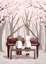 Rule 34 | 1boy, 1girl, :d, absurdres, avogado6, bench, black footwear, black pants, black skirt, blind, blouse, boots, cane, cherry blossoms, commentary request, forest, from behind, green hair, highres, instrument, music, nature, on bench, open mouth, original, pants, piano, playing instrument, reflection, shirt, shoes, sitting, skirt, smile, snake hair, tree, white cane, white shirt
