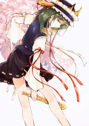 Rule 34 | 1girl, black skirt, blouse, blue vest, feet out of frame, frilled hat, frills, green eyes, green hair, hand on own hip, hat, hat ribbon, hisona (suaritesumi), long sleeves, looking at viewer, miniskirt, red ribbon, ribbon, ribbon-trimmed skirt, ribbon trim, rod of remorse, shiki eiki, shirt, skirt, sleeve ribbon, solo, touhou, vest, white ribbon, white shirt, wide sleeves