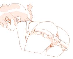 Rule 34 | 1girl, anus, anus only, ass, bent over, braid, female focus, from behind, genderswap, genderswap (mtf), isami meena, looking at viewer, looking back, lowres, micro shorts, monochrome, partially visible vulva, profile, ranma-chan, ranma 1/2, saotome ranma, shorts, simple background, single braid, sketch, solo, thighs, white background