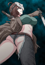 Rule 34 | 1girl, ahoge, ass, blade, breasts, brown hair, commentary request, denim, friday the 13th, gender request, genderswap, green eyes, grin, highres, jason voorhees, jeans, large breasts, looking at viewer, mask over one eye, pants, short hair, smile, solo, torn clothes, torn jeans, torn pants, watarui