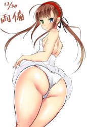 Rule 34 | 10s, 1girl, ahoge, ass, back, backless outfit, bare shoulders, blue eyes, blush, breasts, brown hair, from behind, from below, green eyes, hair ribbon, hairband, heterochromia, huge ass, leotard, long hair, looking at viewer, noeomi, parted lips, ribbon, ryoubi (senran kagura), senran kagura, shiny skin, small breasts, solo, swimsuit, thick thighs, thighs, twintails