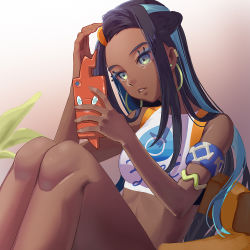 Rule 34 | 1girl, armlet, bare shoulders, black hair, blue eyes, blue hair, breasts, brown background, clothes writing, commentary, creatures (company), crop top, dark-skinned female, dark skin, earrings, eyeshadow, female focus, forehead, game freak, gen 4 pokemon, gradient background, gym leader, hair ornament, hairclip, hand up, holding, holding phone, hoop earrings, jewelry, knees up, kyoungi nyang, long hair, makeup, multicolored hair, nessa (pokemon), nintendo, parted lips, phone, pokemon, pokemon (creature), pokemon swsh, rotom, rotom phone, sitting, sleeveless, small breasts, solo, symbol-only commentary, thighs, two-tone hair