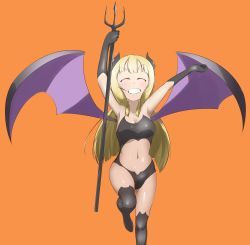 Rule 34 | 1girl, absurdres, aces8492unsung, black gloves, black thighhighs, blonde hair, blush, breasts, cleavage, closed eyes, elbow gloves, fake wings, gloves, grin, groin, halloween, highres, long hair, medium breasts, midriff, monochrome background, navel, nogi sonoko, orange background, parted lips, polearm, shiny clothes, shiny skin, simple background, smile, solo, thighhighs, trident, weapon, wings, yuuki yuuna wa yuusha de aru, yuusha de aru