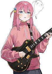 Rule 34 | 1girl, @ @, absurdres, blue eyes, blush, bocchi the rock!, cube hair ornament, electric guitar, ghost, gibson les paul, giving up the ghost, gotoh hitori, grey skirt, guitar, hair ornament, highres, holding, holding instrument, instrument, jacket, long hair, midorino (green-happy), one side up, pink hair, pink jacket, pleated skirt, simple background, skirt, solo, sweat, track jacket, upper body, white background