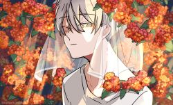 Rule 34 | 1boy, closed mouth, collarbone, commentary request, flower, flower request, green eyes, grey hair, highres, kankara nashi, looking at viewer, male focus, no pupils, orange flower, original, red flower, shirt, short hair, solo, upper body, veil, white shirt