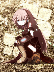 Rule 34 | blue eyes, boots, itaru, knee boots, kneeling, long hair, megurine luka, pink hair, shoe tying, smile, solo, thighhighs, vocaloid
