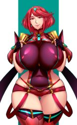 Rule 34 | 1girl, armor, black gloves, boots, breasts, closed mouth, covered navel, cowboy shot, curvy, fingerless gloves, gloves, gluteal fold, grey background, highres, hip vent, huge breasts, impossible clothes, looking at viewer, matching hair/eyes, nintendo, nipples, pyra (xenoblade), raidou zero, red eyes, red hair, see-through, short hair, short shorts, shorts, shoulder armor, skin tight, skindentation, smile, solo, thick thighs, thigh boots, thigh gap, thighhighs, thighs, tiara, transparent background, xenoblade chronicles (series), xenoblade chronicles 2
