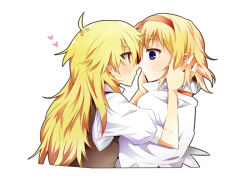 Rule 34 | 2girls, ahoge, alice margatroid, blonde hair, blue eyes, blush, brown eyes, eye contact, female focus, hairband, hand on another&#039;s face, hands on another&#039;s face, heart, imminent kiss, kiji (manekinuko-tei), kirisame marisa, long hair, looking at another, multiple girls, no headwear, no headwear, serious, short hair, touhou, upper body, yellow eyes, yuri