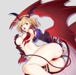 Rule 34 | 10s, 1girl, alternate costume, ass, bad anatomy, bare shoulders, blonde hair, breasts, brown eyes, cosplay, demon girl, demon tail, demon wings, detached sleeves, djeeta (granblue fantasy), fingerless gloves, gloves, granblue fantasy, head wings, koza game, looking at viewer, lord of vermilion, medium breasts, milia (lord of vermilion), milia (lord of vermilion) (cosplay), open mouth, panties, red eyes, red ribbon, red wings, ribbon, side-tie panties, single thighhigh, smile, solo, tail, thigh strap, thighhighs, underwear, wings