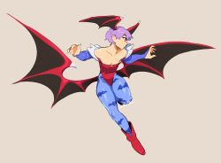 Rule 34 | 1girl, animal print, arms up, bare shoulders, bat print, bat wings, blue pantyhose, boots, brown background, commentary, demon girl, flat chest, full body, head wings, leg up, leotard, lilith aensland, low wings, pantyhose, print pantyhose, profile, purple hair, red eyes, red footwear, red leotard, short hair, signature, simple background, solo, vampire (game), wings, zambiie