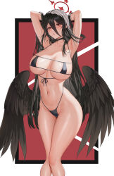Rule 34 | 1girl, absurdres, areola slip, armpits, arms up, bikini, black bikini, black choker, black feathers, black hair, black wings, blue archive, breasts, choker, eyepatch bikini, feathered wings, feathers, feet out of frame, groin, halo, hasumi (blue archive), highres, large breasts, large wings, long hair, looking at viewer, low wings, micro bikini, navel, parted lips, red eyes, solo, stomach, swimsuit, thighs, very long hair, wings, xiaoqian9