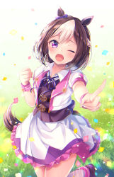 Rule 34 | 1girl, animal ears, brown footwear, brown hair, brown vest, collared shirt, commentary request, confetti, day, frilled skirt, frills, grass, horse ears, horse girl, horse tail, index finger raised, jacket, multicolored hair, neck ribbon, nemuri nemu, one eye closed, open clothes, open jacket, open mouth, outdoors, outstretched arm, pleated skirt, puffy short sleeves, puffy sleeves, purple ribbon, ribbon, shirt, shoes, short sleeves, skirt, solo, special week (umamusume), standing, standing on one leg, tail, two-tone hair, umamusume, vest, white hair, white jacket, white shirt, white skirt