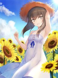 Rule 34 | 1girl, :d, alternate costume, arm behind head, bare shoulders, breasts, brown eyes, brown hair, brown hat, dress, flower, from side, hat, highres, kantai collection, kotou yogen, looking at viewer, looking to the side, open mouth, short hair, sleeveless, sleeveless dress, small breasts, smile, solo, straw hat, sun hat, sundress, sunflower, taihou (kancolle), white dress