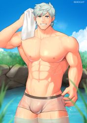 Rule 34 | 1boy, abs, absurdres, alternate pectoral size, bara, blue eyes, bulge, cloud, cloudy sky, fate/grand order, fate (series), feet out of frame, highres, holding, holding towel, large pectorals, looking at viewer, male focus, male swimwear, mikicat, muscular, muscular male, navel, nipples, onsen, pectorals, percival (fate), pink male swimwear, see-through, short hair, sky, smile, solo, sparkle, stomach, swim briefs, swimsuit, thick thighs, thighs, towel, water, wet, wet clothes, wet swimsuit, white hair