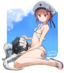 Rule 34 | 1girl, absurdres, abyssal ship, bikini, blush, brown eyes, brown hair, clothes writing, commentary request, dated, enemy naval mine (kancolle), hat, highres, kantai collection, parted lips, sailor bikini, sailor collar, sailor hat, sandals, short hair, solo, sparkle, swimsuit, teeth, toes, twitter username, white bikini, white hat, white sailor collar, yopan danshaku, z3 max schultz (kancolle)