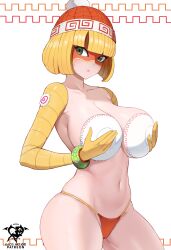 Rule 34 | 1girl, arms (game), blonde hair, breasts, covering breasts, covering privates, hat, highres, huge breasts, kaos art, mask, min min (arms), navel, orange hat, plate, solo, topless