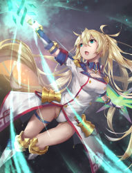 Rule 34 | 1girl, :o, absurdres, blonde hair, blue eyes, boots, bradamante (fate), bradamante (second ascension) (fate), braid, coat, cropped legs, detached sleeves, epaulettes, fate/grand order, fate (series), gloves, highres, holding, holding polearm, holding spear, holding weapon, knee boots, leotard, long hair, looking away, open mouth, polearm, solo, spear, thigh gap, twintails, weapon, white coat, white leotard, yu-hi
