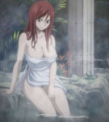 Rule 34 | 1girl, bath, blush, breasts, brown eyes, cleavage, erza scarlet, fairy tail, female focus, highres, large breasts, long hair, red hair, screencap, solo, stitched, tattoo, third-party edit, towel, water