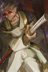 Rule 34 | artist name, elbow on knee, facial hair, grey hair, hair slicked back, highres, indoors, japanese clothes, jewelry, katana, crossed legs, looking at viewer, mustache, old, old man, original, pants, redsakaone, ring, sheath, sheathed, sitting, sunglasses, sword, weapon, white pants