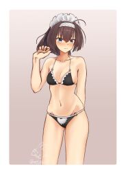 Rule 34 | 1girl, absurdres, ahoge, akizuki (kancolle), alternate costume, bikini, black bikini, blush, border, breasts, closed mouth, commentary request, enmaided, frilled bikini, frills, gradient background, hair between eyes, hairband, highres, kantai collection, long hair, looking at viewer, maid, maid bikini, maid headdress, mochizou, signature, small breasts, solo, swimsuit, unconventional maid, white border, white hairband