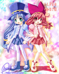 Rule 34 | 00s, 2girls, :d, ankle boots, blue hair, blue skirt, boots, fine (futagohime), full body, fushigiboshi no futago hime, green eyes, hat, long sleeves, looking at viewer, maki (seventh heaven maxion), multiple girls, open mouth, pantyhose, pleated skirt, red eyes, red hair, red skirt, rein (futagohime), short hair, skirt, smile, standing, top hat