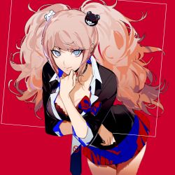 Rule 34 | 1girl, aokiku, arm under breasts, bear hair ornament, black choker, black shirt, blonde hair, blue eyes, bow, bra, breasts, choker, cleavage, collarbone, commentary, danganronpa: trigger happy havoc, danganronpa (series), enoshima junko, hair ornament, hand on own chin, highres, leaning forward, long hair, long sleeves, looking at viewer, medium breasts, miniskirt, nail polish, necktie, pink hair, pleated skirt, red background, red nails, school uniform, shirt, skirt, sleeves rolled up, smile, solo, symbol-only commentary, twintails, underwear, white necktie
