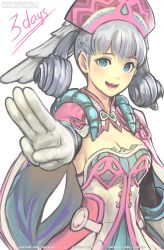 Rule 34 | 1girl, :d, blue eyes, breasts, cape, cleavage, gloves, gofelem, hat, head wings, looking at viewer, medium breasts, melia antiqua, nintendo, open mouth, silver hair, simple background, smile, solo, upper body, white background, white gloves, wings, xenoblade chronicles (series), xenoblade chronicles 1