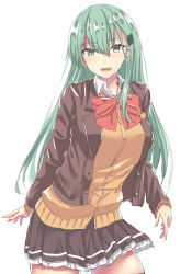 Rule 34 | 1girl, aqua hair, bow, bowtie, breasts, brown jacket, brown skirt, brown thighhighs, collared shirt, cowboy shot, frilled skirt, frills, green eyes, hair ornament, hairclip, jacket, kantai collection, large breasts, long hair, long sleeves, looking at viewer, matsunaga garana, open mouth, pleated skirt, red bow, red bowtie, remodel (kantai collection), school uniform, shirt, simple background, sketch, skirt, solo, straight hair, suzuya (kancolle), thighhighs, unfinished, white background, white shirt