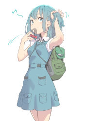 Rule 34 | 1girl, absurdres, arm up, backpack, bag, beamed eighth notes, blouse, blue dress, blue eyes, blue hair, blue skirt, blue vest, breasts, collared shirt, cowboy shot, dress, green bag, green hat, hair bobbles, hair ornament, hand up, hat, highres, holding, holding own hair, kawashiro nitori, kawayabug, looking to the side, mouth hold, musical note, one side up, shirt, short hair, short sleeves, simple background, skirt, small breasts, solo, standing, thighs, touhou, unworn hat, unworn headwear, vest, white background, white shirt