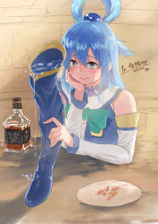 Rule 34 | 1girl, absurdres, alcohol, aqua (konosuba), ayul (ayulneri 92), bad id, bad pixiv id, bare shoulders, blue eyes, blue footwear, blue hair, blue shirt, boots, check commentary, commentary request, dated, detached sleeves, dripping, frills, hair bobbles, hair ornament, hair rings, head rest, highres, kono subarashii sekai ni shukufuku wo!, long hair, plate, shirt, sitting, sketch, smile, solo, thigh boots, thighhighs, unworn boots, water, whiskey