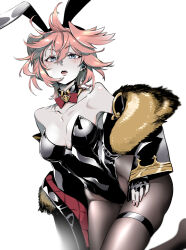 Rule 34 | 1girl, alternate costume, animal ears, bare shoulders, black collar, black gloves, black jacket, black leotard, black pantyhose, black straps, blue eyes, bow, bowtie, breasts, chestnut mouth, cleavage, collar, collarbone, colored skin, commentary request, covered navel, detached collar, detached sleeves, double-parted bangs, earrings, fake animal ears, floating hair, fur-trimmed jacket, fur trim, gloves, gold trim, grey skin, hair between eyes, hair wings, head wings, highleg, highleg leotard, highres, hololive, jacket, jewelry, kurose kousuke, large breasts, leotard, off shoulder, pantyhose, partially fingerless gloves, pink hair, pink nails, playboy bunny, rabbit ears, red bow, red bowtie, short hair, simple background, solo, strapless, strapless leotard, takane lui, teeth, thigh strap, two-sided fabric, two-sided jacket, upper teeth only, virtual youtuber, white background, wings