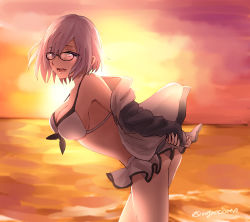 Rule 34 | 1girl, arms behind back, ass, bare shoulders, bikini, breasts, cleavage, fate/grand order, fate (series), glasses, looking at viewer, mash kyrielight, mash kyrielight (swimsuit of perpetual summer), medium breasts, official alternate costume, omizu (omz), purple eyes, purple hair, short hair, sideboob, smile, solo, sunset, swimsuit, thighs, twitter username