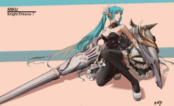 Rule 34 | 1girl, absurdres, armor, breasts, cleavage, dress, has bad revision, has downscaled revision, hatsune miku, highres, knight, lance, large breasts, long hair, md5 mismatch, no bra, polearm, resolution mismatch, shield, solo, source smaller, thighhighs, very long hair, vocaloid, weapon, z.h.y