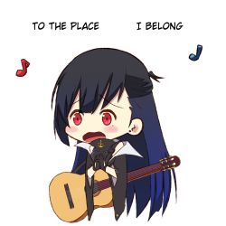 Rule 34 | 1girl, anchor symbol, azur lane, bare shoulders, black gloves, black hair, black jacket, black shirt, blue hair, blush, chibi, coat, commentary, cropped torso, earrings, english commentary, english text, gloves, gradient hair, guitar, half updo, instrument, jacket, jewelry, long hair, long sleeves, lyrics, mole, mole under eye, multicolored hair, music, musical note, off shoulder, open mouth, own hands clasped, own hands together, shirt, simple background, singing, sleeveless, sleeveless shirt, solo, upper body, west virginia (azur lane), white background, wide sleeves, zeldin