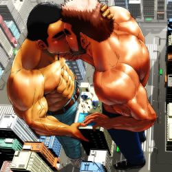Rule 34 | 6+boys, abs, bara, beard, belt, black hair, blush, brown hair, building, chijimetaro, city, denim, face-to-face, facial hair, giant, giant male, hairy, hand on another&#039;s head, jeans, kiss, large pectorals, leather, male focus, mini person, miniboy, multiple boys, muscular, navel, navel hair, nipples, pants, pectorals, pool, shiny skin, shoes, short hair, sideburns, topless male, veins