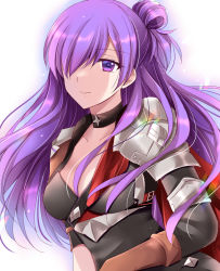 Rule 34 | 1girl, armor, armored dress, asymmetrical clothes, black choker, black dress, breasts, brown gloves, choker, cleavage, closed mouth, commentary request, dress, fire emblem, fire emblem: three houses, fire emblem warriors: three hopes, floating hair, gloves, hair bun, hair over one eye, kirishima riona, long hair, medium breasts, nintendo, one eye covered, purple eyes, purple hair, shez (female) (fire emblem), shez (fire emblem), shoulder armor, single glove, single hair bun, smile, solo, upper body, white background
