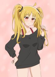Rule 34 | 1girl, absurdres, ahoge, alternate hairstyle, bare shoulders, black shirt, blonde hair, bocchi the rock!, collarbone, cowboy shot, detached ahoge, hand on own hip, highres, holding, holding own hair, ijichi seika, long sleeves, looking at viewer, red eyes, red nails, shirt, simple background, solo, thundradrawings, twintails