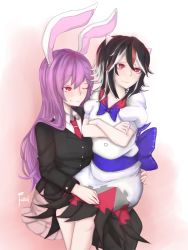 Rule 34 | 2girls, animal ears, annoyed, arrow (symbol), black hair, black legwear, blazer, blue bow, bow, commentary, cone horns, crossed arms, fatuus, grey horns, hand on another&#039;s hip, hand on another&#039;s leg, highres, horns, jacket, kijin seija, light purple hair, long hair, long sleeves, looking at another, looking away, multicolored hair, multiple girls, necktie, one eye closed, pleated skirt, puffy short sleeves, puffy sleeves, purple hair, rabbit ears, red eyes, red hair, red necktie, reisen udongein inaba, sash, short hair, short sleeves, signature, sitting, sitting on lap, sitting on person, skirt, smile, streaked hair, thighhighs, touhou, very long hair, white hair, yuri