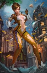 Rule 34 | 1girl, 2016, assisted exposure, bodysuit, breasts, brown hair, building, cleavage, dated, full body, gloves, moon, navel, night, night sky, nopeys, open mouth, outdoors, overwatch, overwatch 1, short hair, sky, solo, spiked hair, statue, stomach, tearing clothes, torn clothes, tracer (overwatch), tree, wardrobe malfunction