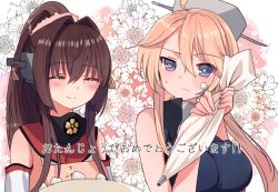Rule 34 | 2girls, ahoge, apron, bad id, bad twitter id, bare shoulders, blonde hair, blue apron, blue eyes, blush, breasts, cake, closed eyes, closed mouth, commentary request, detached sleeves, floral background, flower, food, food on face, hair flower, hair ornament, hat, holding, icing, iowa (kancolle), kantai collection, long hair, multiple girls, nagiki kanae, object request, ponytail, smile, star-shaped pupils, star (symbol), sweat, sweatdrop, symbol-shaped pupils, translation request, upper body, yamato (kancolle)
