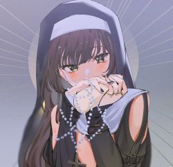Rule 34 | 1girl, black dress, blunt bangs, breasts, brown hair, cross, cross necklace, dress, habit, highres, jewelry, long hair, looking at viewer, mamaloni (character), necklace, nun, original, robe, rosary, set7, solo, veil, yellow eyes
