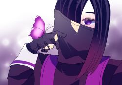 Rule 34 | 1girl, 4b, black hair, bug, butterfly, butterfly on hand, cloak covering mouth, highres, holding butterfly, insect, kanisuka rita, ohsama sentai king-ohger, purple eyes, super sentai