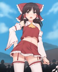 Rule 34 | 1girl, ascot, bare shoulders, blush, bow, breasts, brown eyes, brown hair, commentary request, contrapposto, detached sleeves, eyebrows hidden by hair, frilled bow, frilled hair tubes, frilled shirt collar, frills, gluteal fold, hair bow, hair tubes, hakurei reimu, hand on own hip, highres, holding, holding stick, long hair, long sleeves, midriff, miyo (ranthath), open mouth, people, red bow, red skirt, red vest, skirt, small breasts, solo focus, stick, thigh gap, touhou, vest, wide sleeves, yellow ascot