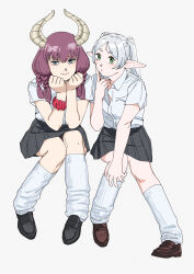 Rule 34 | 2girls, aura (sousou no frieren), black footwear, blue eyes, braid, breasts, collared shirt, commentary request, contemporary, demon girl, demon horns, dress shirt, elf, frieren, green eyes, grey skirt, highres, horns, index finger raised, invisible chair, loafers, long hair, looking at viewer, loose socks, multiple braids, multiple girls, ojipon, pleated skirt, pointy ears, purple hair, quad braids, red scrunchie, school uniform, scrunchie, shirt, shoes, simple background, sitting, skirt, socks, sousou no frieren, twintails, white background, white hair, white shirt, white socks, wrist scrunchie