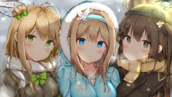 Rule 34 | 3girls, absurdres, ahoge, bachibachi (tisen), beanie, blonde hair, blue coat, blue eyes, blush, bow, bowtie, breasts, brown coat, brown eyes, brown hair, closed mouth, clothes writing, coat, collarbone, creator connection, double bun, fur-trimmed coat, fur trim, girls&#039; frontline, green bow, green eyes, hair between eyes, hair bow, hair bun, hair ornament, hairband, hairclip, hat, highres, hood, hooded coat, k2 (girls&#039; frontline), light, long hair, looking at viewer, medium breasts, multiple girls, open mouth, rfb (girls&#039; frontline), scarf, sidelocks, smile, snow, snowflake hair ornament, snowing, suomi (girls&#039; frontline), tree, upper body, white scarf, winter clothes, winter coat