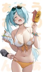 Rule 34 | 1girl, belly grab, bikini, blue archive, blush, breasts, cleavage, collarbone, corn, crying, flab, food, futasan, green hair, grilled corn, hair ornament, hair over one eye, hairclip, halo, hiyori (blue archive), hiyori (swimsuit) (blue archive), holding, holding food, ikayaki, large breasts, long hair, love handles, muffin top, navel, o-ring, o-ring bottom, official alternate costume, open mouth, pinching, side ponytail, solo focus, standing, stomach, swimsuit, tears, two-tone bikini