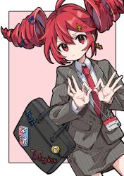 Rule 34 | 1girl, 3774., ahoge, bag, border, collared shirt, commentary request, cowboy shot, dangle earrings, dollar sign, double ok sign, drill hair, earrings, euro sign, floating hair, formal, frown, furrowed brow, grey jacket, grey skirt, hands up, jacket, jewelry, kasane teto, lanyard, lapels, long hair, long sleeves, looking at viewer, money hair ornament, necktie, office lady, outside border, own hands together, partial commentary, pink background, pinstripe jacket, pinstripe pattern, pinstripe skirt, pound sign, red eyes, red hair, red necktie, shirt, shoulder bag, skirt, skirt suit, solo, standing, suit, suit jacket, twin drills, utau, white border, yen sign