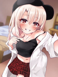Rule 34 | 1girl, bare shoulders, baseball cap, black camisole, black hat, blush, breasts, camisole, coat, collarbone, fate/kaleid liner prisma illya, fate (series), grin, hair between eyes, hat, highres, illyasviel von einzbern, long hair, long sleeves, looking at viewer, midriff, miniskirt, mochi (k620803n), navel, off shoulder, open clothes, open coat, outstretched arm, red eyes, red skirt, selfie, sidelocks, skirt, small breasts, smile, solo, white coat, white hair