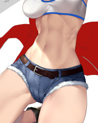Rule 34 | 1girl, abs, bad id, bad twitter id, bandeau, belt, breasts, brown belt, cutoffs, denim, denim shorts, fate/grand order, fate (series), groin, groin tendon, head out of frame, highres, holding, holding sword, holding weapon, jacket, medium breasts, mordred (fate), mordred (fate/apocrypha), mordred (memories at trifas) (fate), nasaniliu, navel, shorts, solo, stomach, sword, thighs, weapon